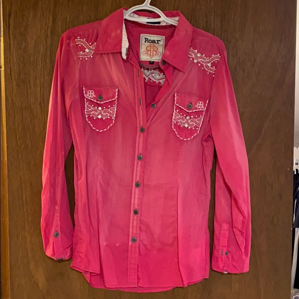 Pink distressed button down with gems